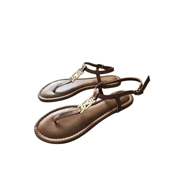 NY&C Flat Sandals Size 7 Brown Ankle Strap Logo - Picture 3 of 5